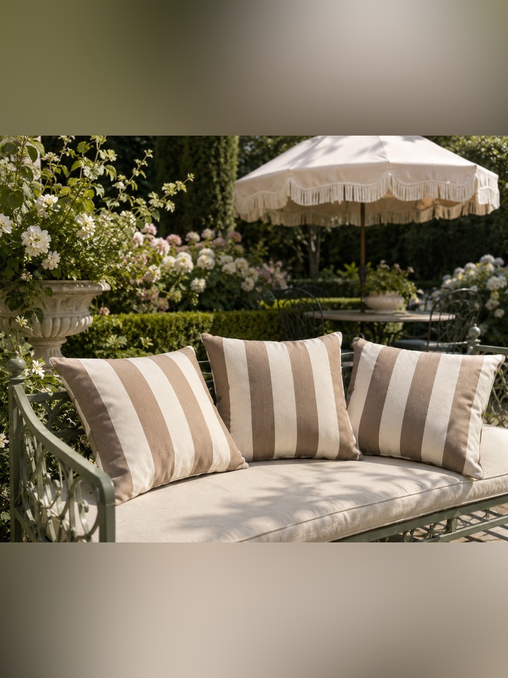 Three Striped Outdoor Throw Pillow Set - Neutral Taupe & Cream